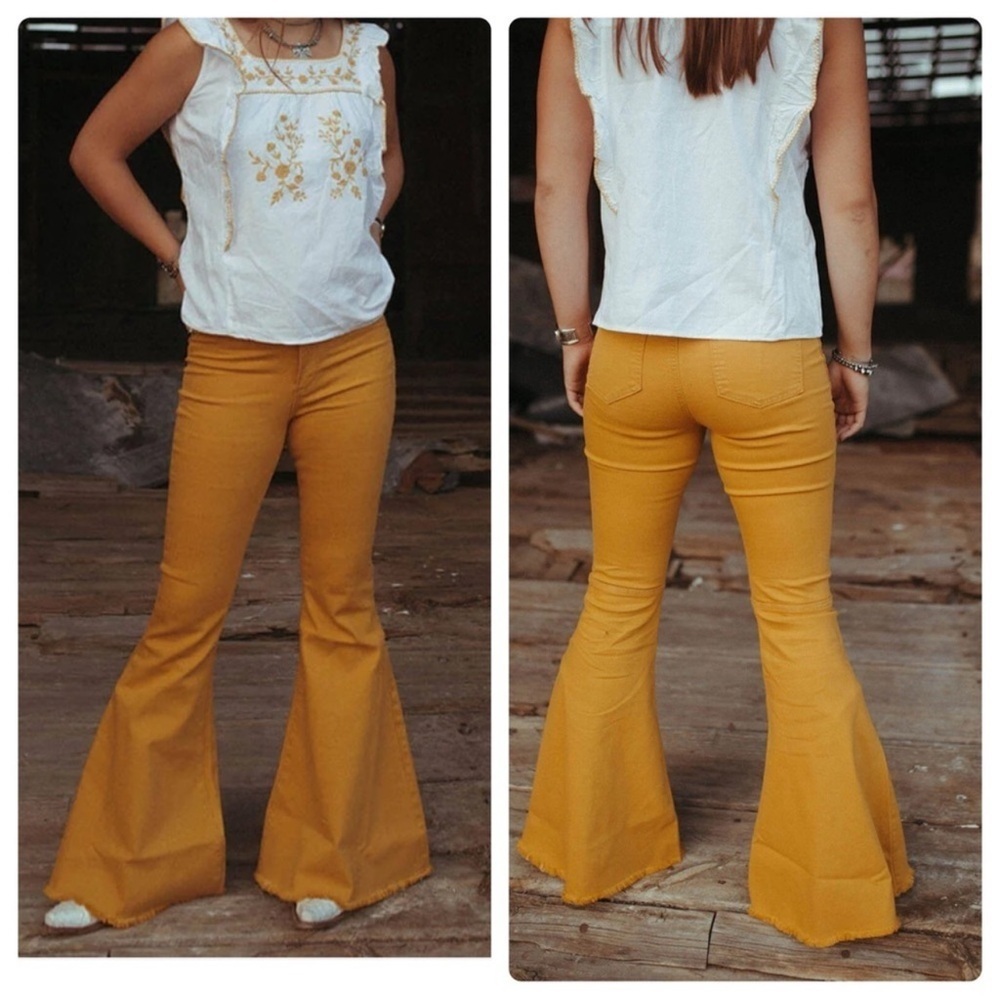 Home Folk Women's Mustard High Rise Flare Jeans